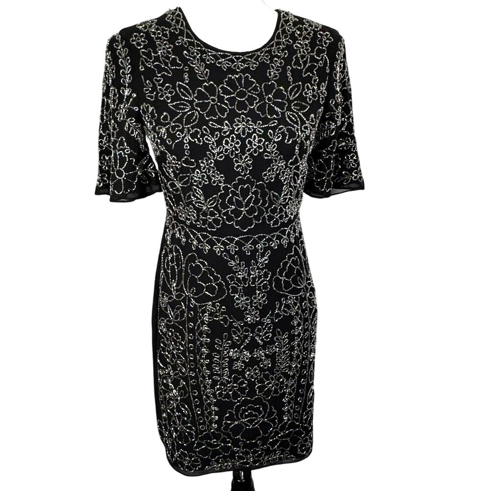 NEEDLE & THREAD Size 2 Black Full Beaded Floral Lined Cocktail Dress Prom Formal